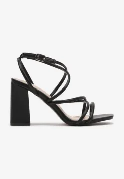 Czarne Sandały na Obcasie z Cienkimi Paskami Kaloren