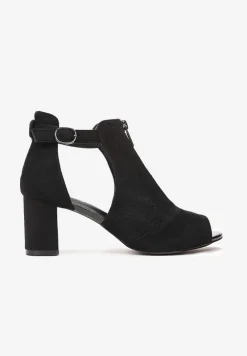 Czarne Sandały na Obcasie z Suwakiem Zdobione Perforacją i Wycięciami c