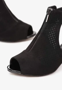 Czarne Sandały na Obcasie z Suwakiem Zdobione Perforacją i Wycięciami c