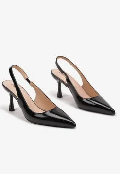Czarne Sandały na Obcasie ze Szpiczastym Noskiem i Paskiem przy Pięcie Deovienne