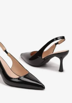 Czarne Sandały na Obcasie ze Szpiczastym Noskiem i Paskiem przy Pięcie Deovienne