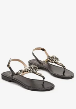 Czarne Sandały na Płaskiej Podeszwie w Stylu Japonek z Opalizującymi Cyrkoniami Mandrea
