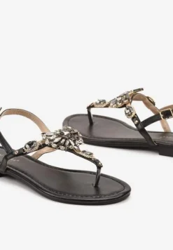 Czarne Sandały na Płaskiej Podeszwie w Stylu Japonek z Opalizującymi Cyrkoniami Mandrea