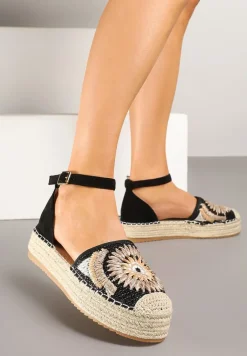 Czarne Sandały na Platformie Ozdobione Plecionką Meraliria