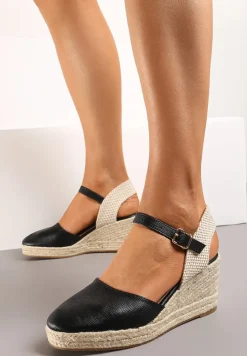 Czarne Sandały na Plecionym Koturnie w Stylu Espadryli z Noskiem z Ekoskóry Beonira