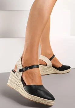Czarne Sandały na Plecionym Koturnie w Stylu Espadryli z Noskiem z Ekoskóry Beonira