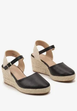 Czarne Sandały na Plecionym Koturnie w Stylu Espadryli z Noskiem z Ekoskóry Beonira