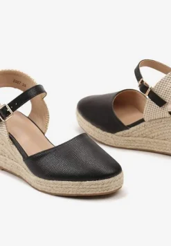 Czarne Sandały na Plecionym Koturnie w Stylu Espadryli z Noskiem z Ekoskóry Beonira
