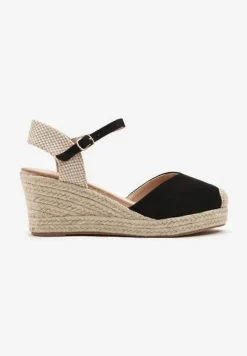 Czarne Sandały na Plecionym Koturnie Odivale