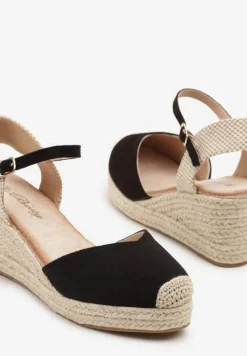Czarne Sandały na Plecionym Koturnie Odivale