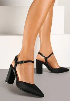 Czarne Sandały na Słupkowym Obcasie ze Szpiczastym Noskiem i Paskiem z Cyrkoniami Ennalith