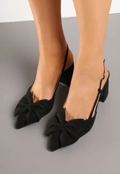 Czarne Sandały na Słupku Bez Pięty Ozdobione Kokardą Morisela