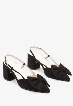 Czarne Sandały na Słupku Bez Pięty Ozdobione Kokardą Morisela