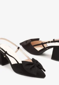 Czarne Sandały na Słupku Bez Pięty Ozdobione Kokardą Morisela