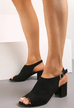 Czarne Sandały na Słupku Peep Toe z Ażurowym Zdobieniem Tavia