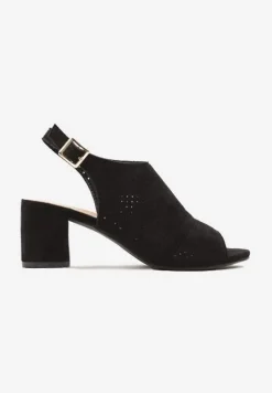 Czarne Sandały na Słupku Peep Toe z Ażurowym Zdobieniem Tavia