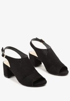Czarne Sandały na Słupku Peep Toe z Ażurowym Zdobieniem Tavia