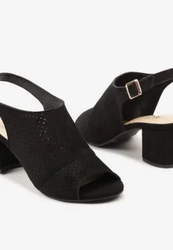 Czarne Sandały na Słupku Peep Toe z Ażurowym Zdobieniem Tavia