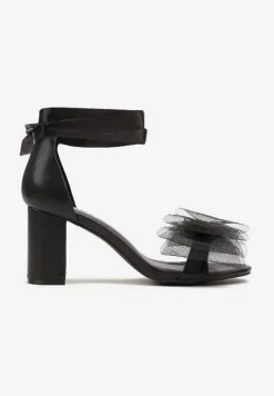 Czarne Sandały na Słupku Wiązane Wstążką z Tiulową Kokardką Naviloria