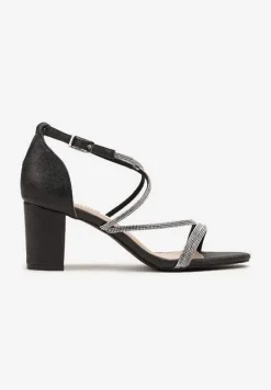 Czarne Sandały na Słupku z Cyrkoniami i Brokatem Silanelle