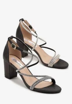 Czarne Sandały na Słupku z Cyrkoniami i Brokatem Silanelle