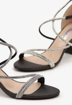 Czarne Sandały na Słupku z Cyrkoniami i Brokatem Silanelle