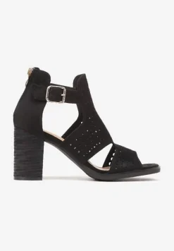 Czarne Sandały na Słupku z Ażurowymi Paskami Evelesi