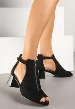 Czarne Sandały na Słupku ze Skórzaną Wkładką Ozdobione Suwakiem i Perforacją Ciaralira