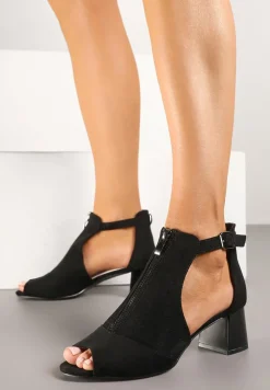 Czarne Sandały na Słupku ze Skórzaną Wkładką Ozdobione Suwakiem i Perforacją Ciaralira