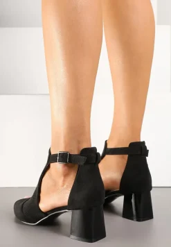 Czarne Sandały na Słupku ze Skórzaną Wkładką Ozdobione Suwakiem i Perforacją Ciaralira