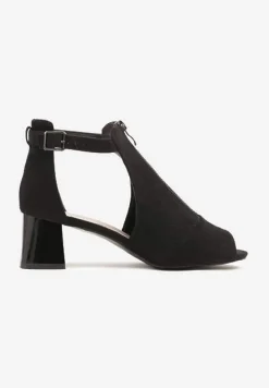 Czarne Sandały na Słupku ze Skórzaną Wkładką Ozdobione Suwakiem i Perforacją Ciaralira