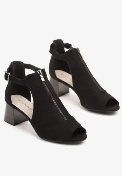 Czarne Sandały na Słupku ze Skórzaną Wkładką Ozdobione Suwakiem i Perforacją Ciaralira