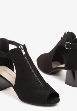 Czarne Sandały na Słupku ze Skórzaną Wkładką Ozdobione Suwakiem i Perforacją Ciaralira