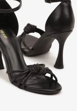 Czarne Sandały na Szpilce Vices z Supełkiem i Cyrkoniami Tallomea