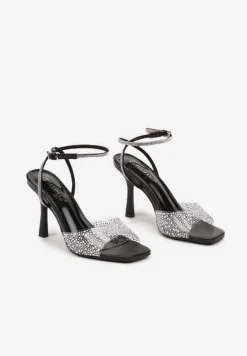 Czarne Sandały na Szpilce z Cyrkoniami i Przezroczystą Cholewką Fidanalia