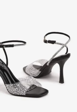 Czarne Sandały na Szpilce z Cyrkoniami i Przezroczystą Cholewką Fidanalia