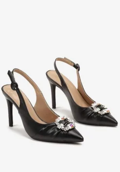 Czarne Sandały na Szpilce z Odkrytą Piętą Marszczeniem i Cyrkoniami Bendrea