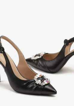 Czarne Sandały na Szpilce z Odkrytą Piętą Marszczeniem i Cyrkoniami Bendrea