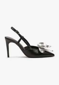 Czarne Sandały na Szpilce Vices Slingback z Kwiatem 3D Koviano