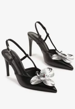 Czarne Sandały na Szpilce Vices Slingback z Kwiatem 3D Koviano