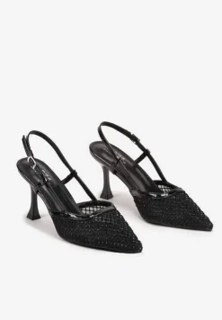 Czarne Sandały na Szpilce z Odkrytą Piętą Siateczką i Cyrkoniami Arilen