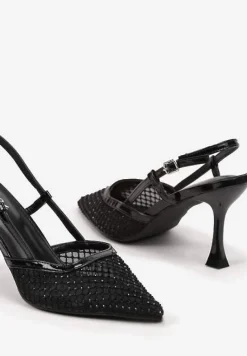 Czarne Sandały na Szpilce z Odkrytą Piętą Siateczką i Cyrkoniami Arilen
