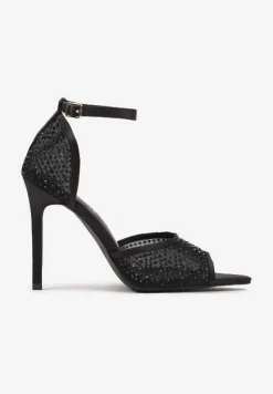 Czarne Sandały na Szpilce Siateczkowe Ozdobione Cyrkoniami Raneia