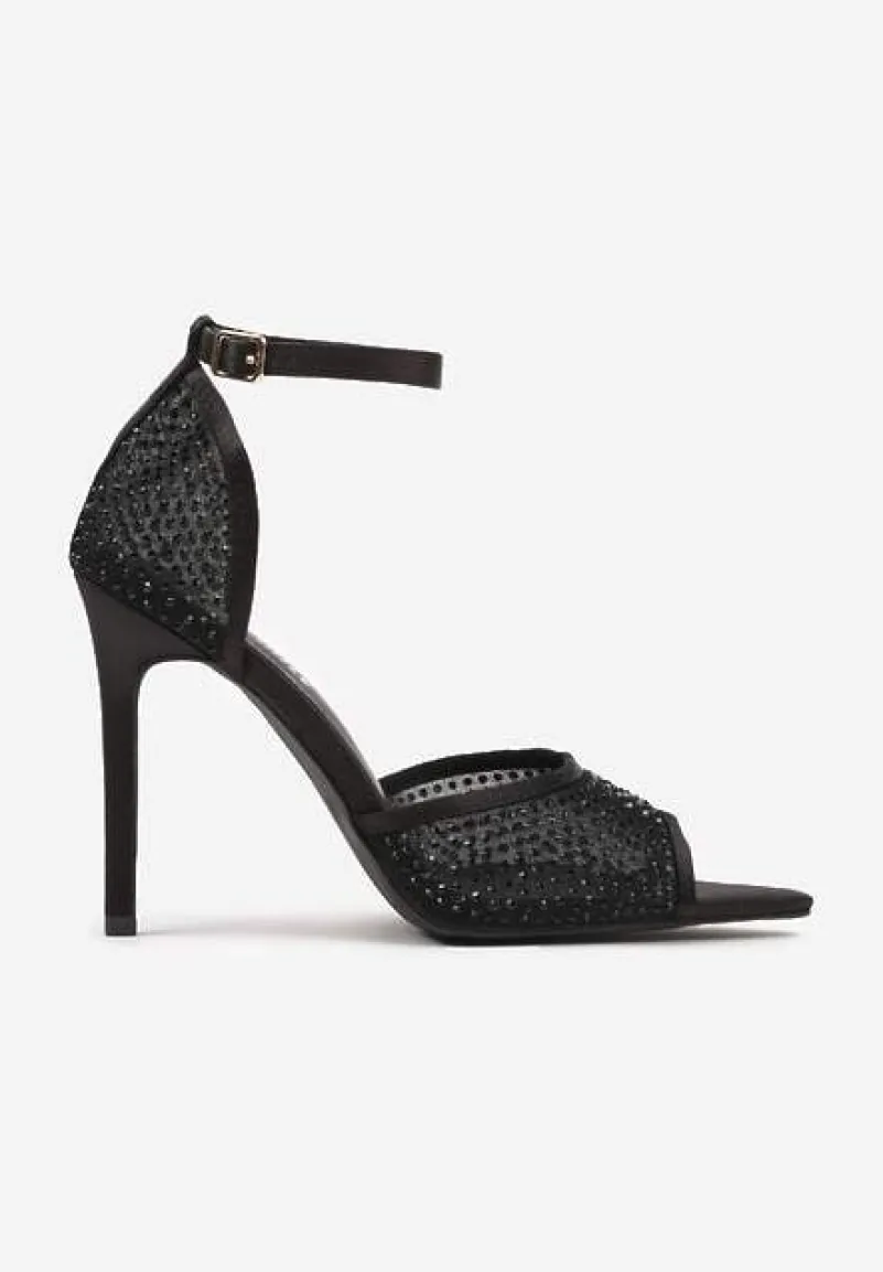 Czarne Sandały na Szpilce Siateczkowe Ozdobione Cyrkoniami Raneia