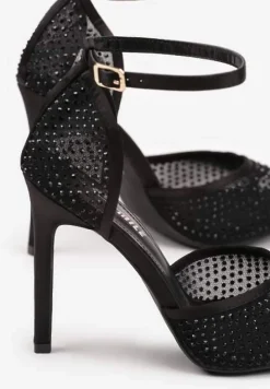 Czarne Sandały na Szpilce Siateczkowe Ozdobione Cyrkoniami Raneia