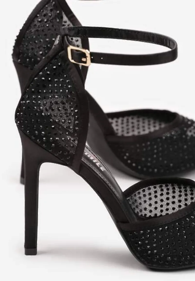 Czarne Sandały na Szpilce Siateczkowe Ozdobione Cyrkoniami Raneia