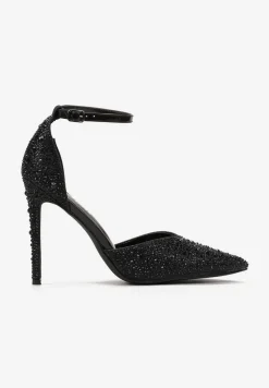 Czarne Sandały na Szpilce ze Sprzączką Ozdobione Cyrkoniami Alstresa