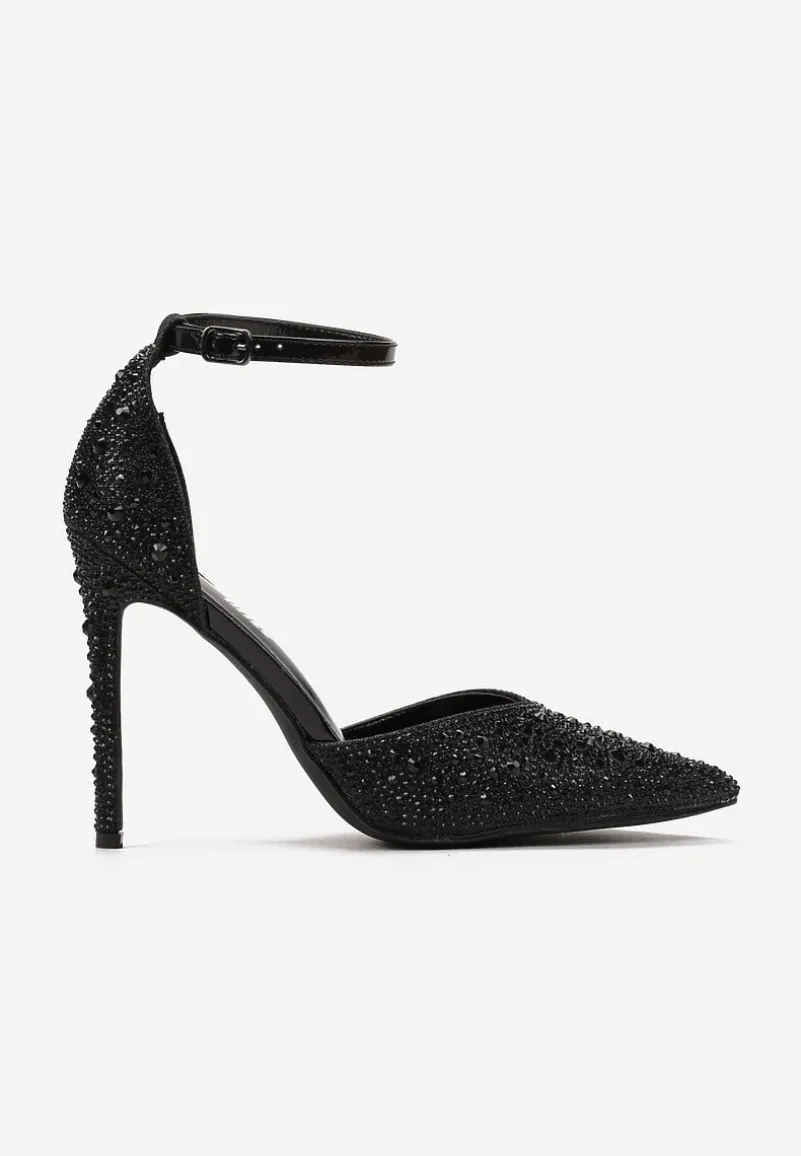 Czarne Sandały na Szpilce ze Sprzączką Ozdobione Cyrkoniami Alstresa