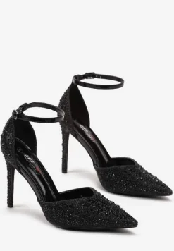 Czarne Sandały na Szpilce ze Sprzączką Ozdobione Cyrkoniami Alstresa