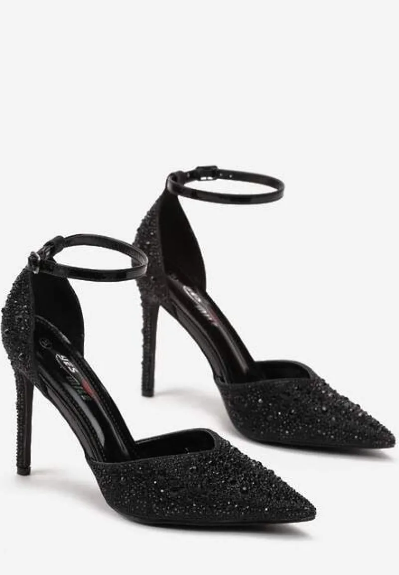 Czarne Sandały na Szpilce ze Sprzączką Ozdobione Cyrkoniami Alstresa